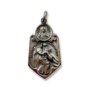 Vintage Saint Christopher and Child Jesus  Silvertone Medal Charm Pendant